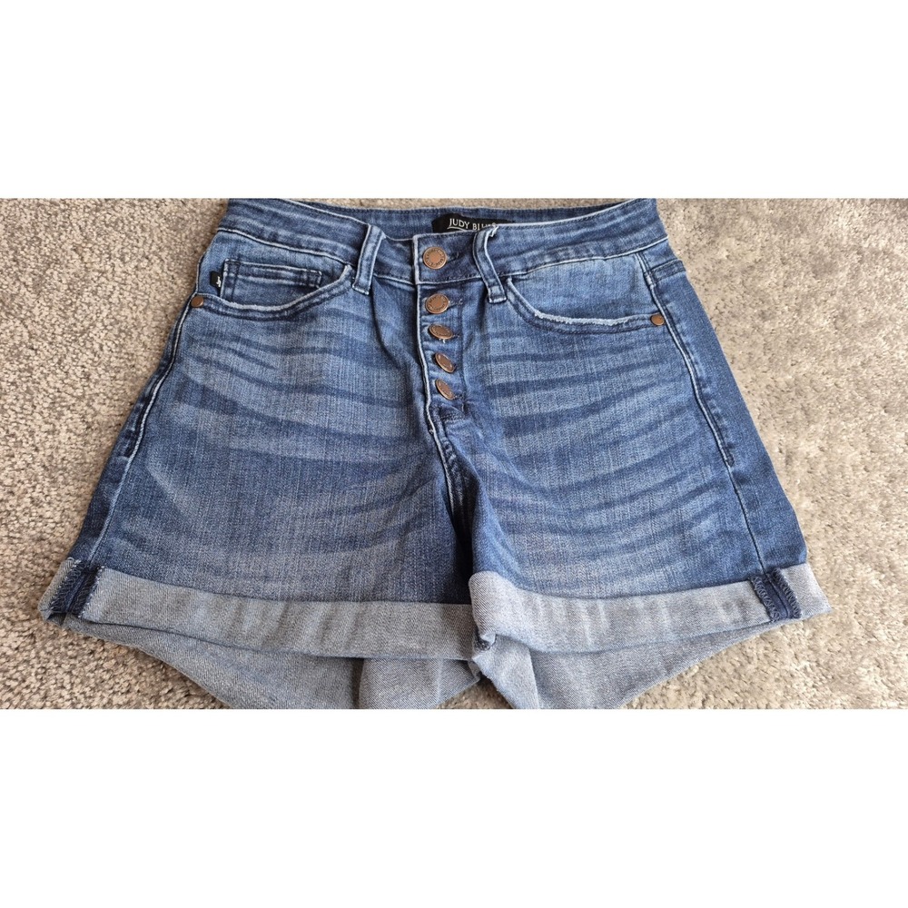 Judy Blue Womens 26W High‎ Rise Button Fly Cuffed Denim Shorts Blue Medium Wash